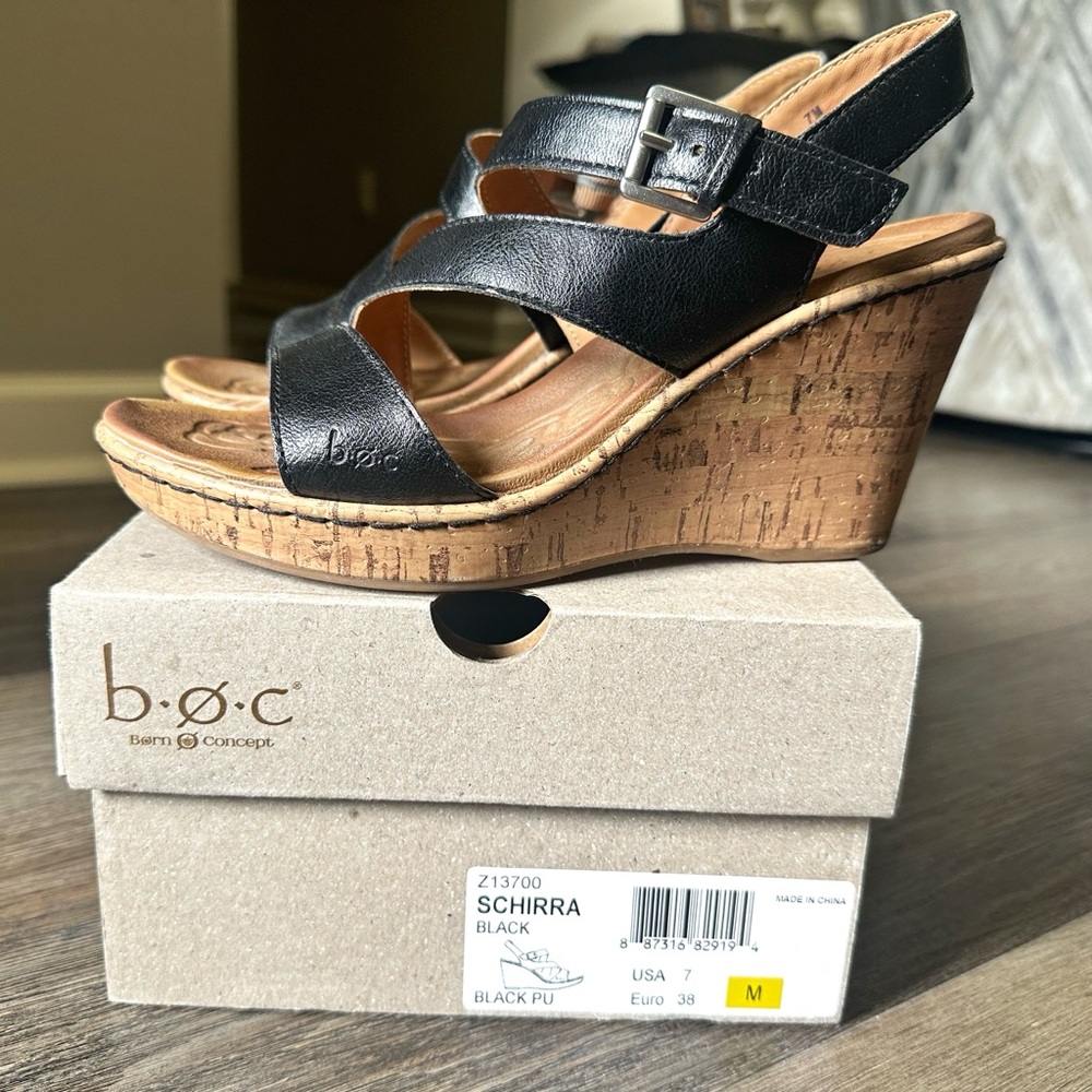 B.O.C. by Born Schirra Black Leather & Cork Wedges, size 7